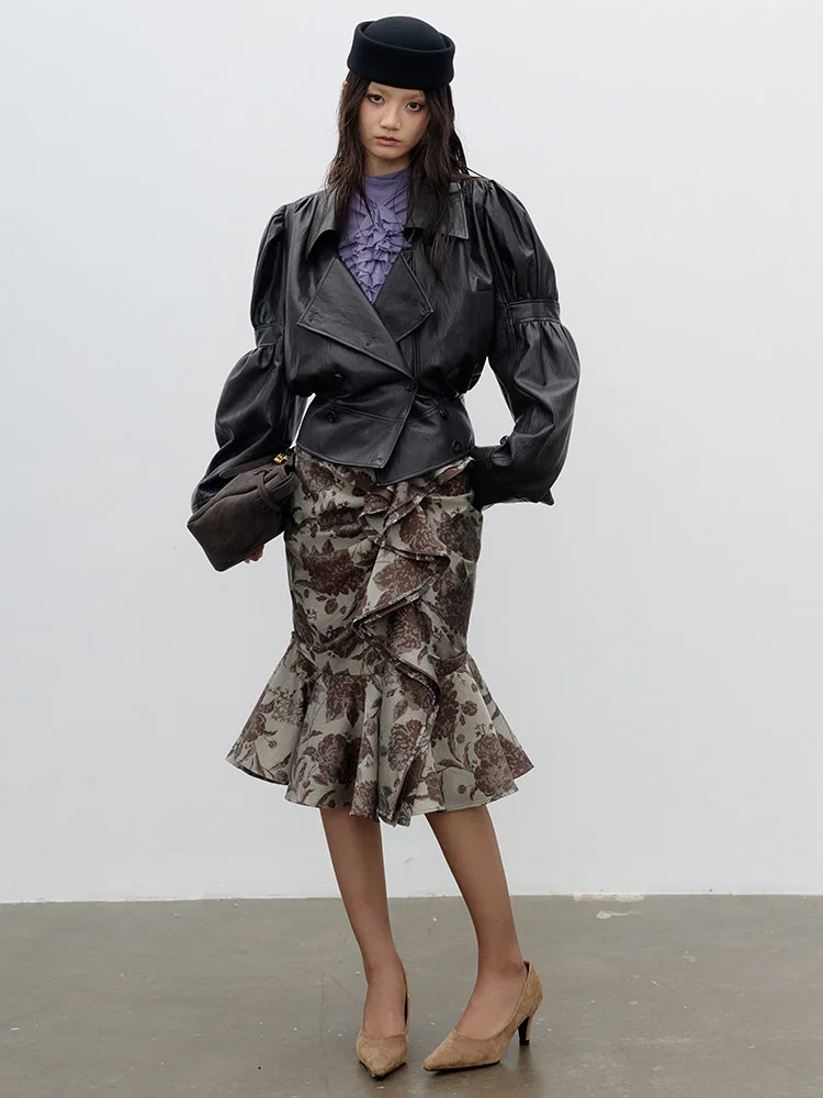 [EAM] Vintage PU Leather Cropped Jacket New Lapel Long Puff Bubble Sleeve Women Coat Fashion Tide Spring Autumn 2026 1DJ9713