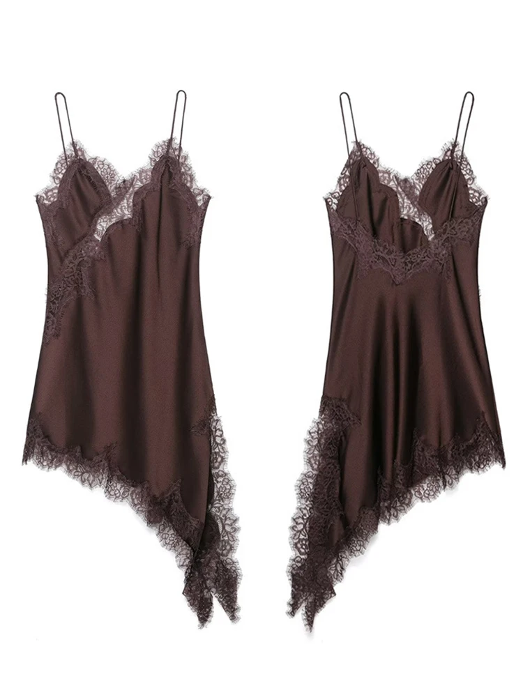 Vestido de satén suave con tirantes para mujer Vestido sexy sin espalda con ribete de encaje Vestido de fiesta retro Elegante vestido con escote en V y hombros descubiertos