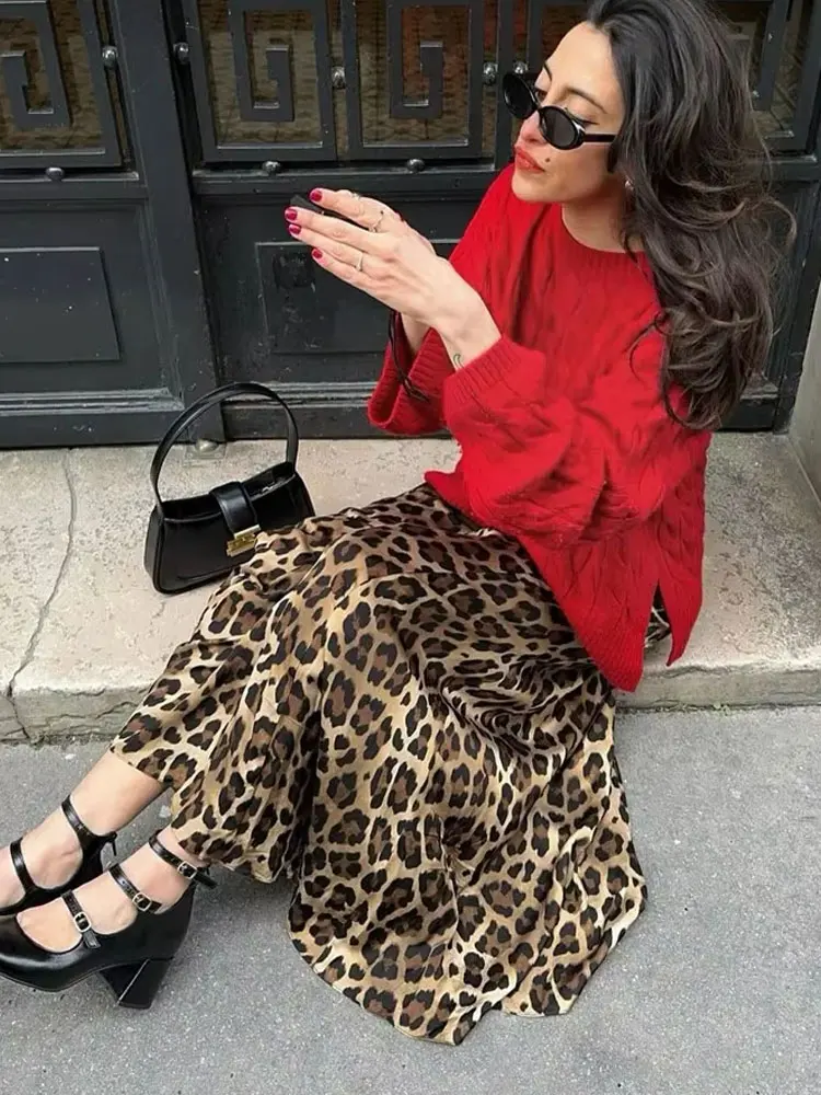 Hh 2024 feminino elegante midi saias retro leopardo impressão de cintura alta cetim a linha moda feminina bottoms streetwear saia midi