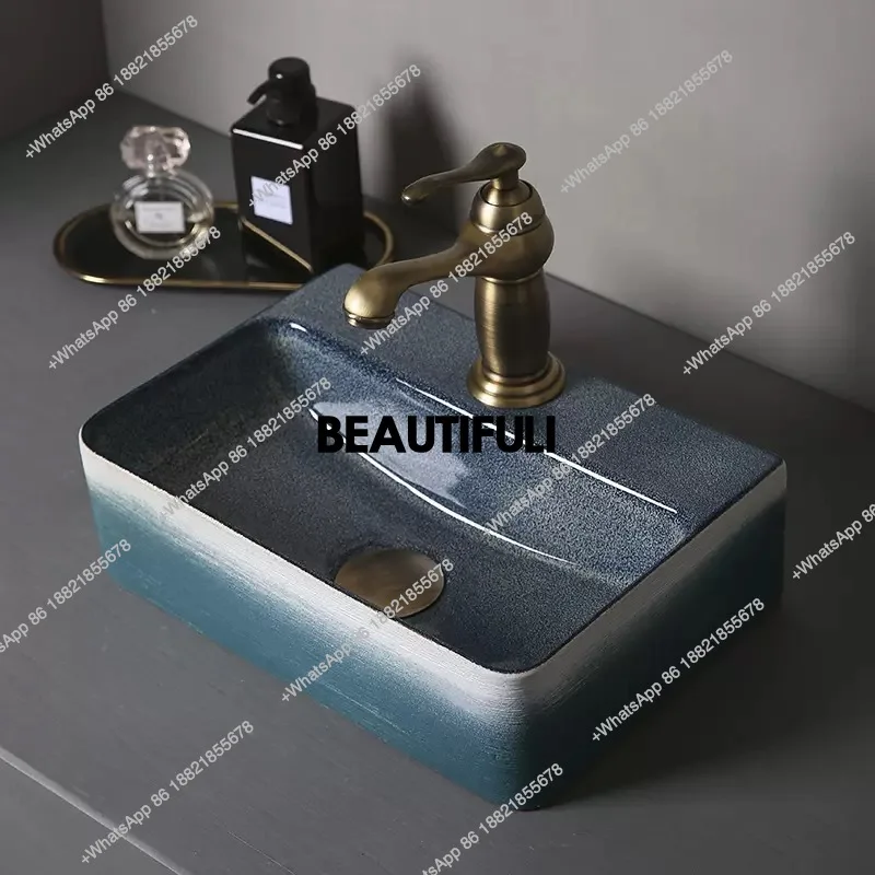Blue Gradient Color Small Size Countertop Basin Ceramic Square  Bathroom Washbasin Home Single Basin Mini Washbasin Sink