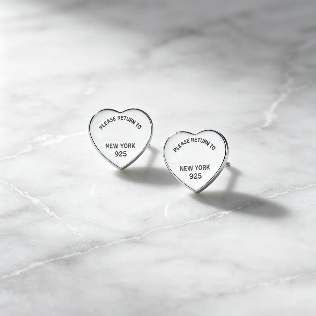 Engraved Heart Stud Earrings, Rhodium Plated, Smooth Love Shape Ear Jewelry for Women Daily Party Wear