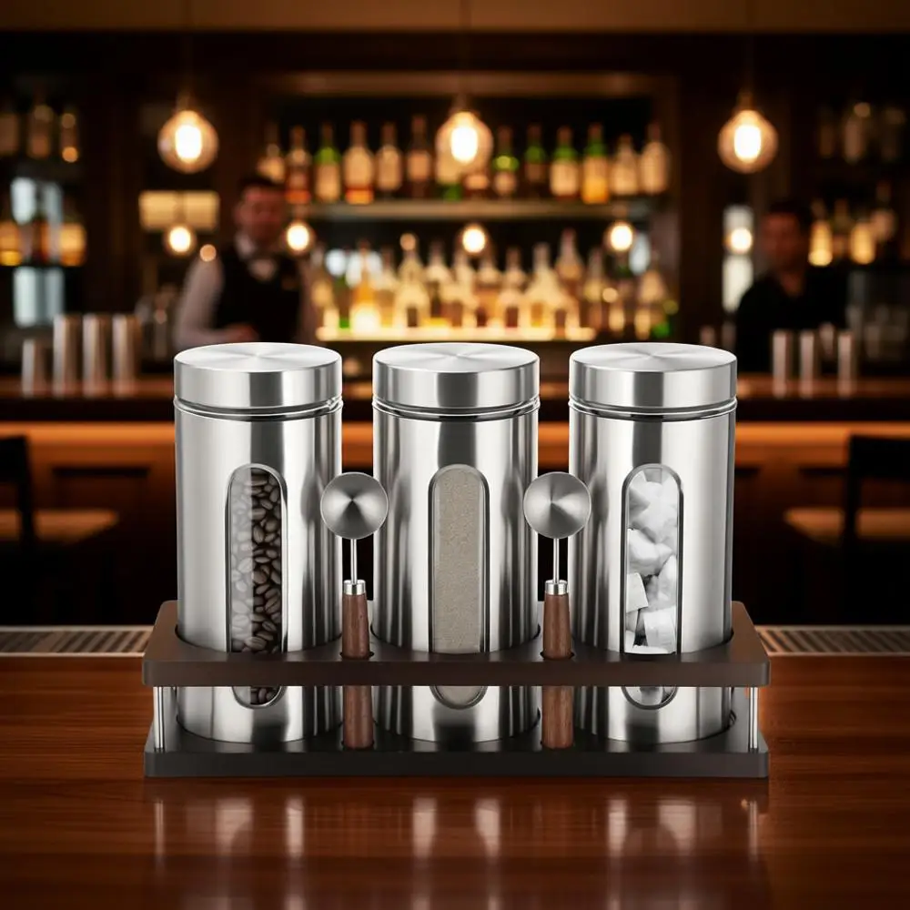 

Grounds Canisters with Shel 3 x 50oz Coffee Bean Storage Container with Airtight Threaded Lid, Glass Window, Scoop Kitchen Stora