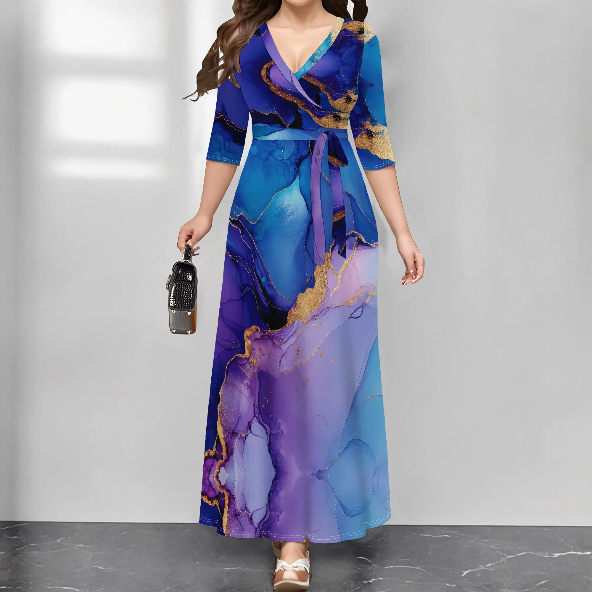 

Women's Abstract Print Maxi Dress Boho V-Neck Half Sleeve A-line Dress with Belt for Holiday Vacation Wear XS-3XL