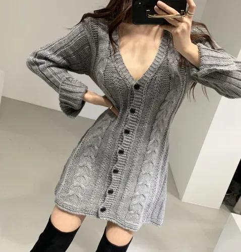 Vestido de camisola para mulheres manga longa cabo malha botão para baixo mini vestido de malha para mulheres adolescente outono inverno roupa chique