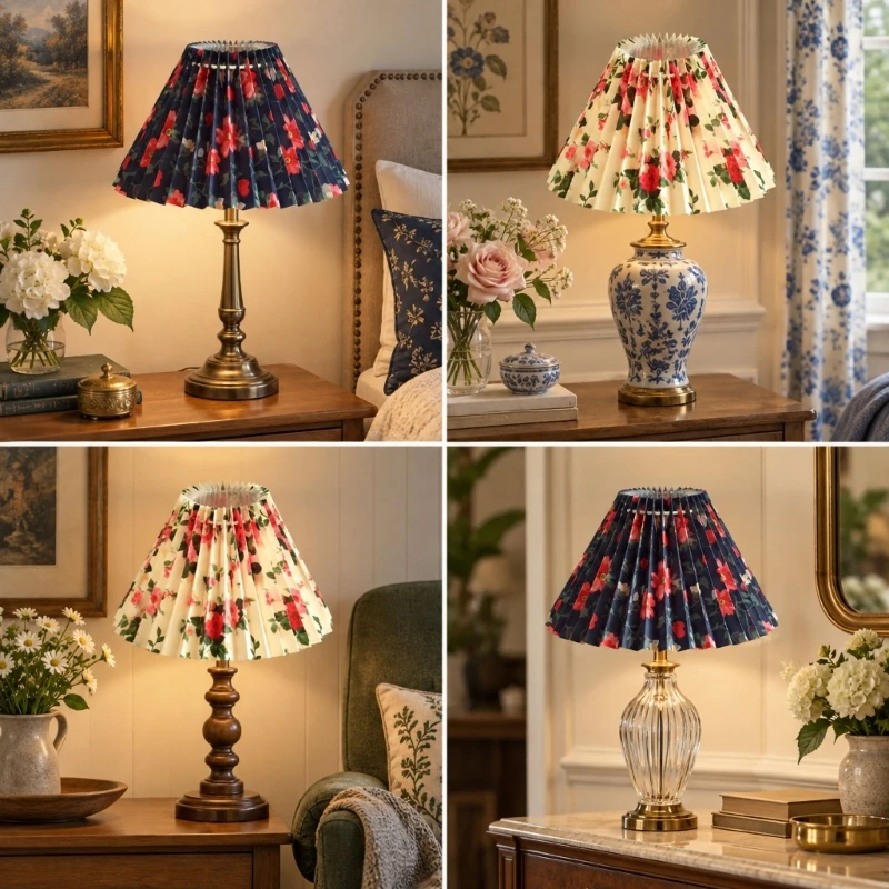 Pleated Flower-Print Fabric Lamp Shade, Foldable Cover That Helps Soften Direct Light for Bedside and Study Lighting M4YD
