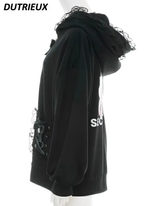 Primavera novo bonito doce meninas borda de renda dos desenhos animados impressão cor sólida moletom hoodies versátil jaqueta com capuz manga longa zíper