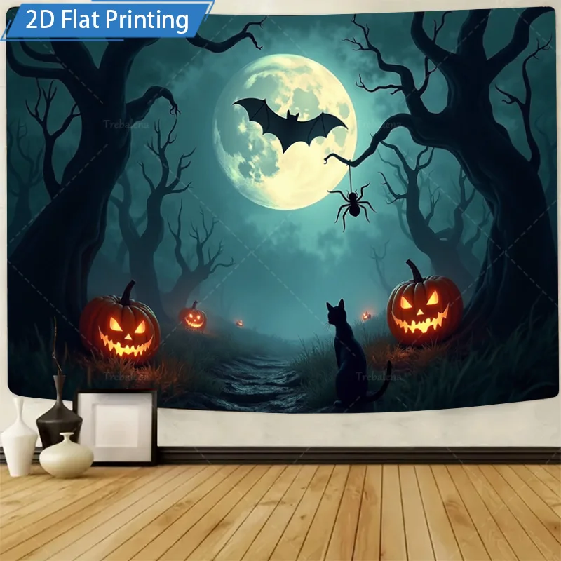 

1шт настенный гобелен Хэллоуин настенный гобелен - жуткий лес лунный свет летучая мышь тыква кошка сцена