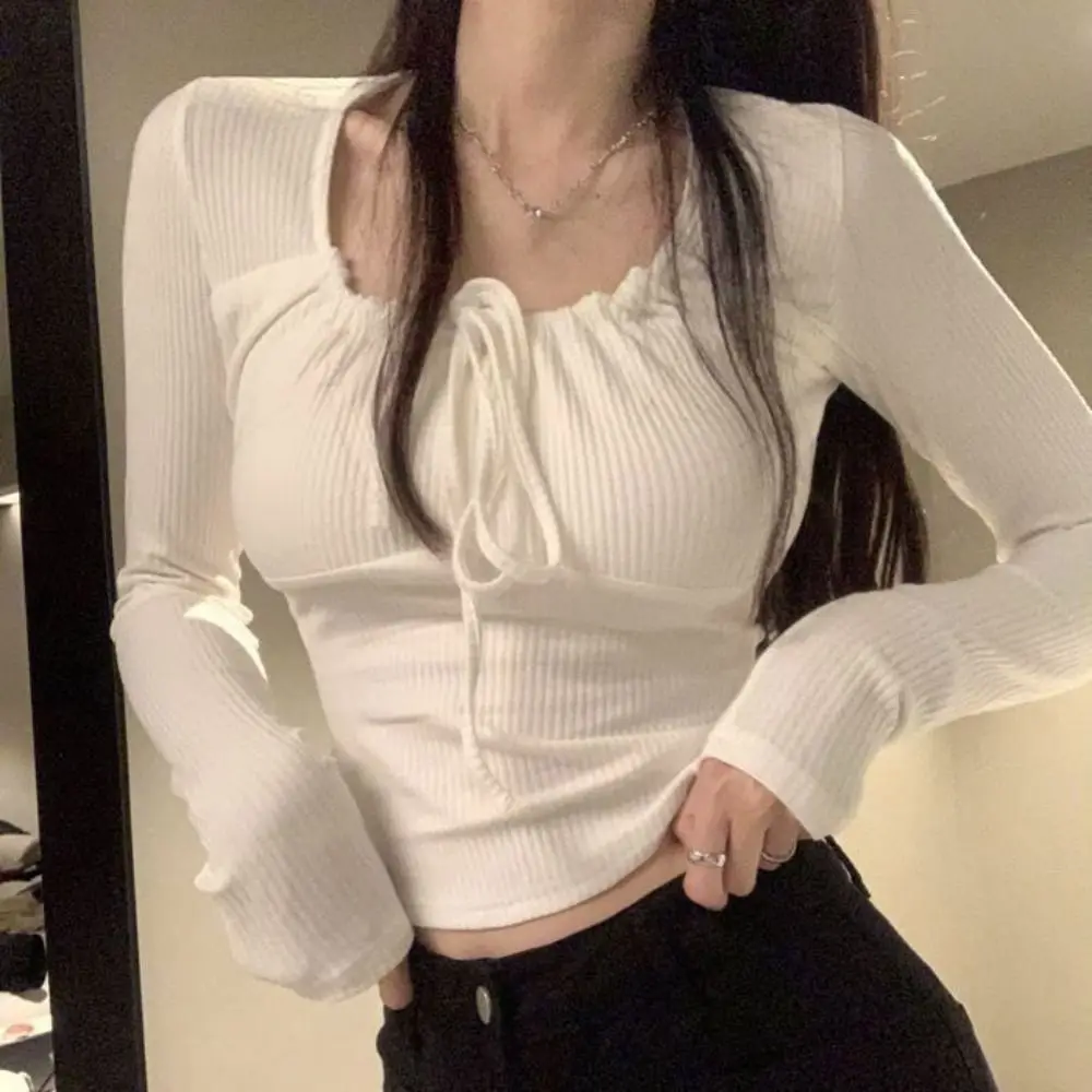 

Square Neck Sweet Slim Tops Solid Color Women's Clothing Long Sleeve T-shirt Bottoming Shirt Thin Lace Up T-shirt Spring Autumn