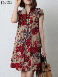 ZANZEA Summer Vintage Floral Printed Sundress Women Dresses 2025 Casual Short Sleeve Bohemian Holiday Vestidos Knee Length Robe