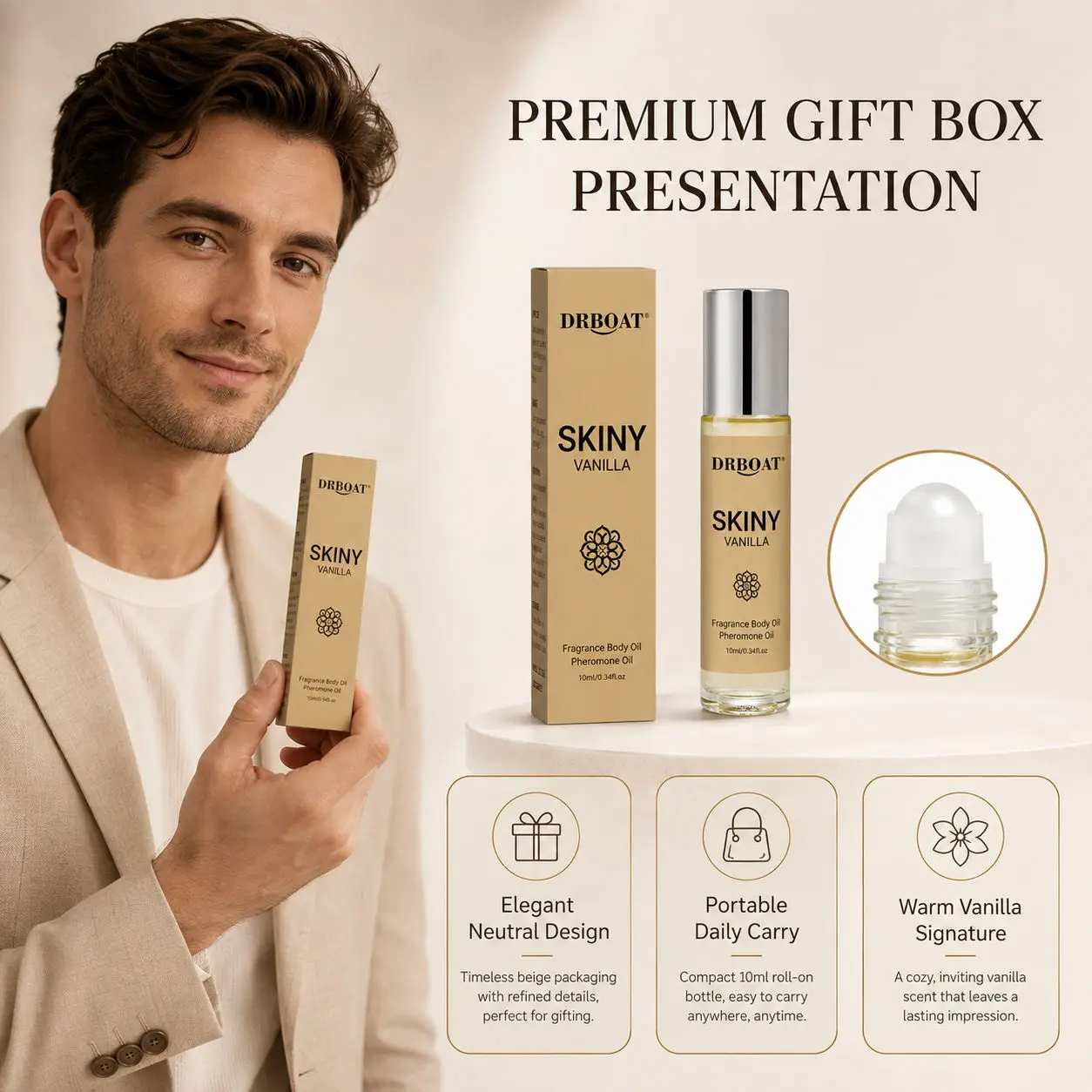 Men Roll On Fragrance Oil, Skin-like Soft Vanilla White Musk Warm Woody, Alcohol-Free Portable Rollerball Perfume view 3
