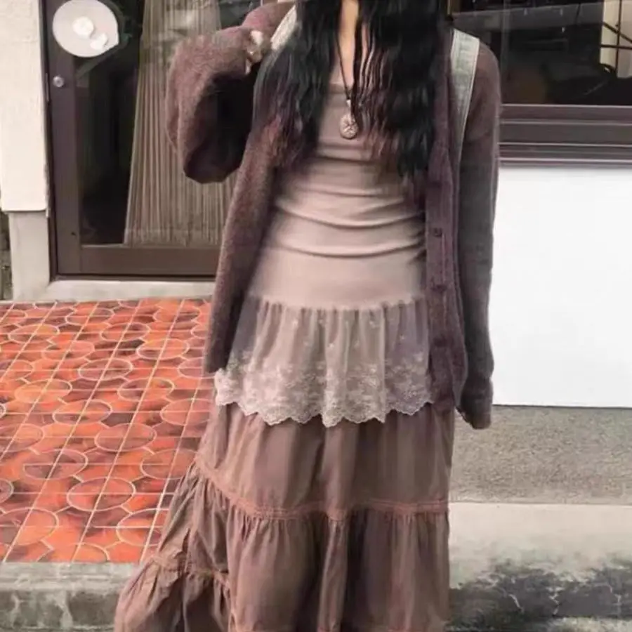 اليابانية سترة أنيقة تحمل شعار لعبة البيسبول خليط الدانتيل بروتيل أكمام خمر Fairycore الرسن القمم Y2k الملابس تانك القمم الدبابات كاميس