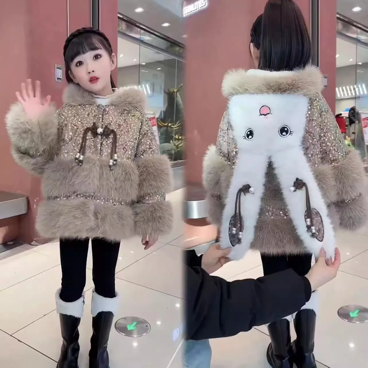 Girls' imitation fur coat winter clothing new girl baby fleece thickened foreign style medium old children's long-eared rabbit