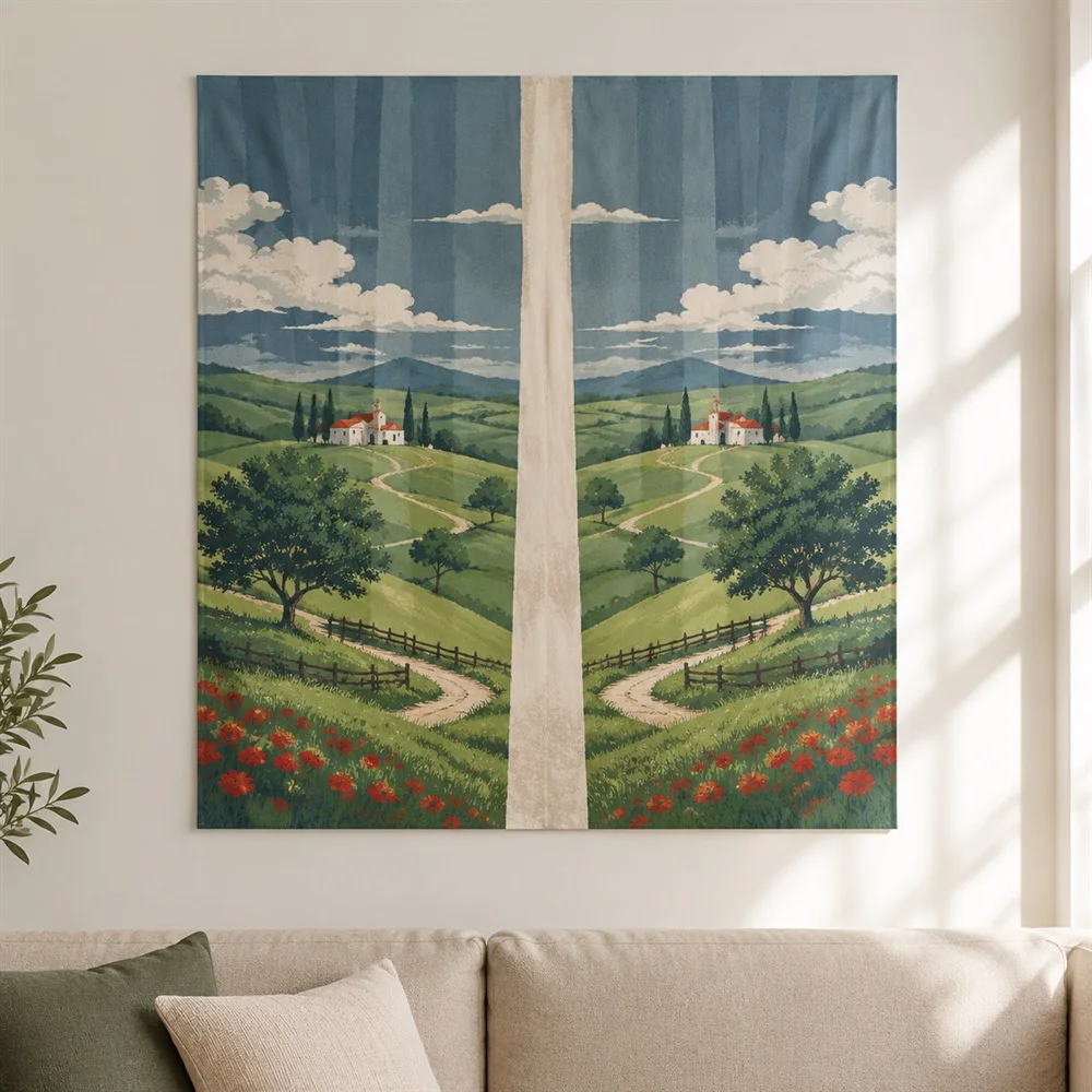 VIKAMA Rolling Hills Farm Tapestry Wall Hanging, Countryside Scene Wall Art, Farmhouse Decor for Living Room Bedroom Dining Room