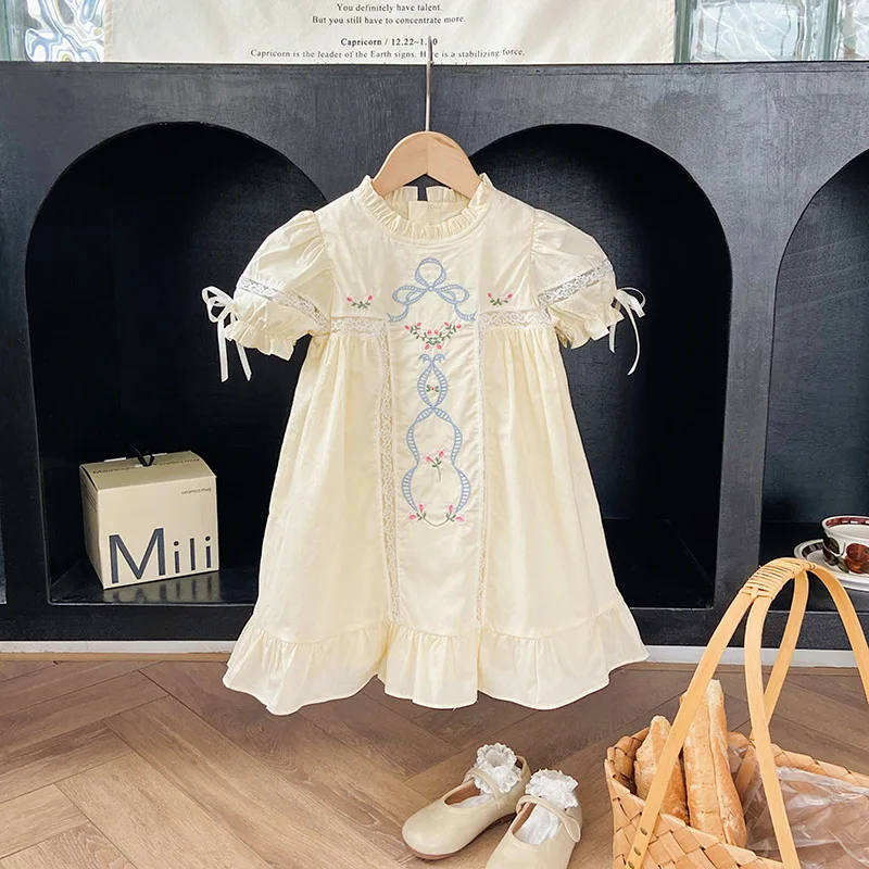 Bow Embroidered Lace Girls Dress 2025 Summer Edition Stand Up Collar Style Short Sleeved Childrens Princess Dress