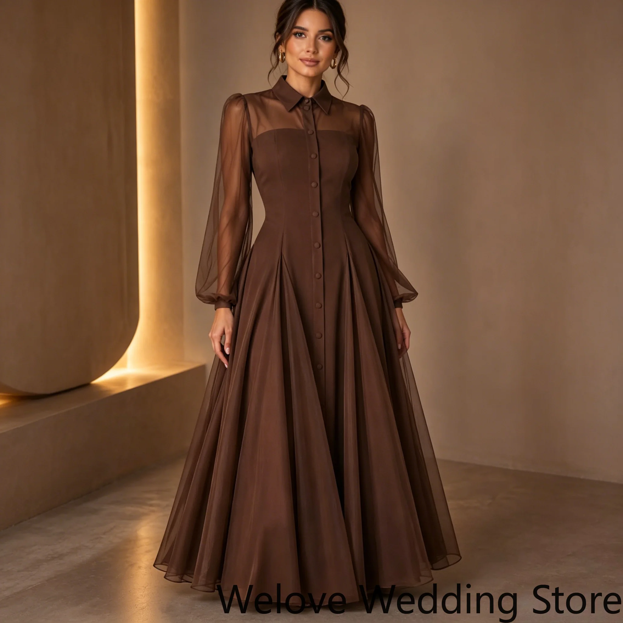 Elegant Brown Formal Maxi Dress Featuring a Collared Neckline, Sheer Tulle Long Sleeves, and a Classic Button-Front Design