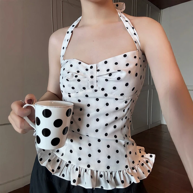 

Causal Cute Polka Dot Print Halter Women Tops Chic Simple Patchwork Summer Slim Blouses