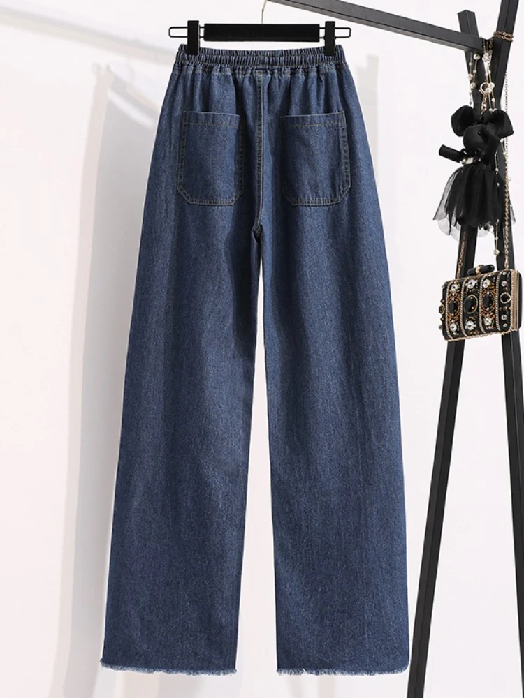 النساء واسعة الساق حجم كبير الدنيم السراويل الخريف مطاطا الرباط عالية الخصر الكاحل طول مستقيم الجينز السراويل الكورية غير رسمية