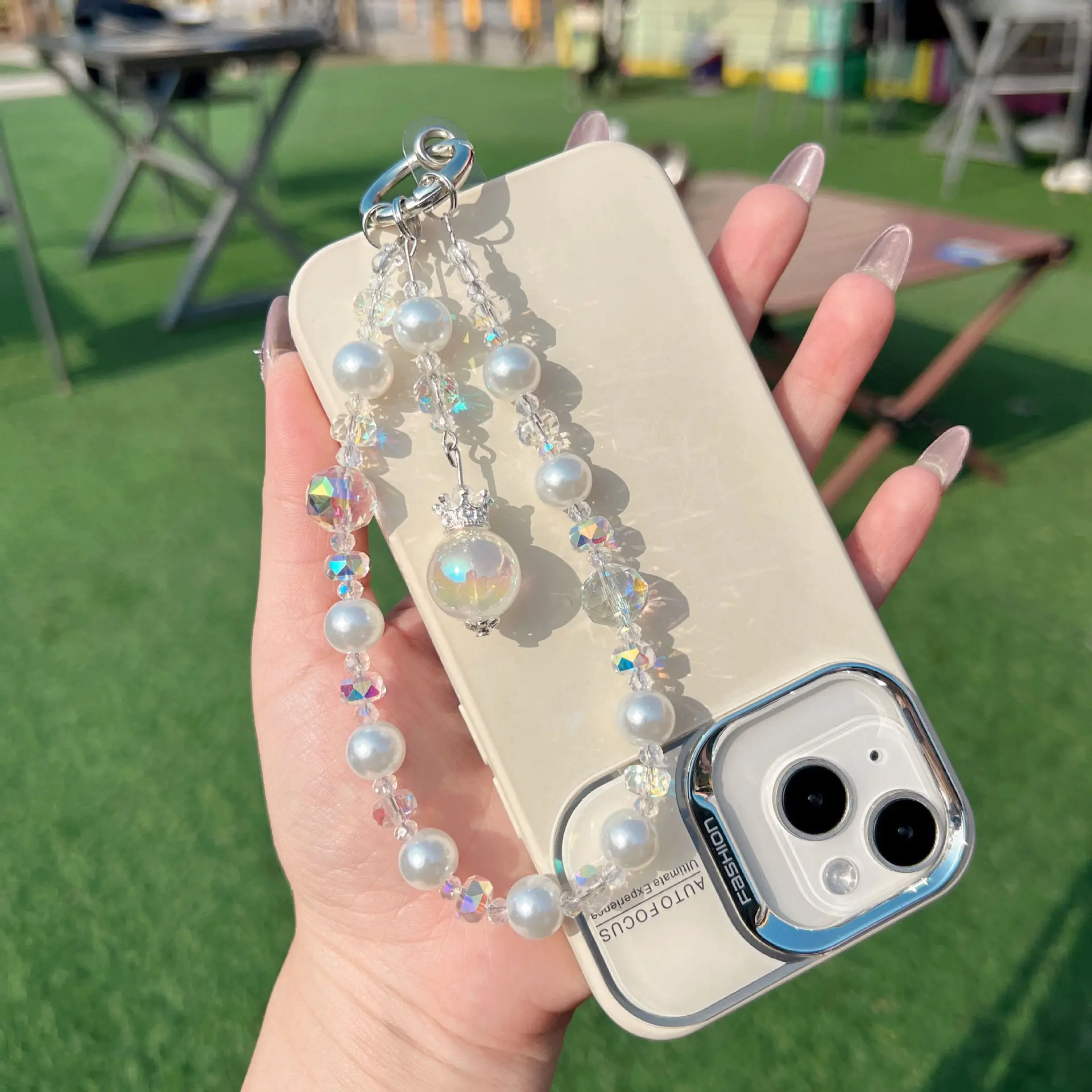 For Phone Hanging Chain Crown Pendant High-End Simple Crystal Beaded Accessory Keychain Niche Light Luxury Short Style