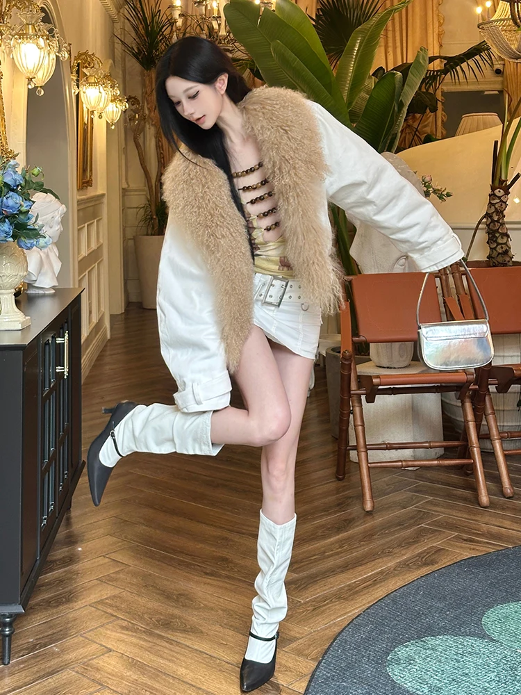 سترة منفوخة بياقة من الفرو الصناعي من REDDACHiC للنساء من قماش الدنيم الأبيض الدافئ بأكمام طويلة مفتوحة من الأمام معطف عتيق Y2K ملابس خارجية شتوية #5