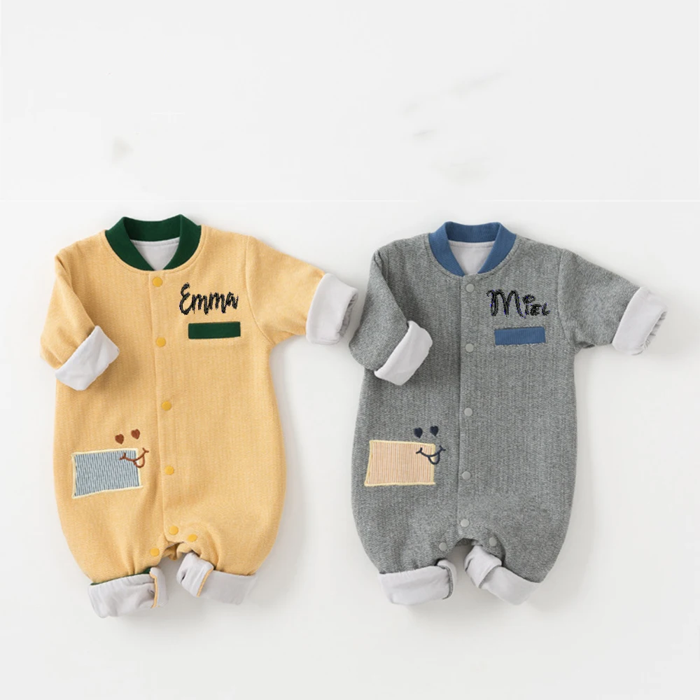 Jumpsuit lapis ganda musim gugur dan musim dingin kustom untuk bayi baru lahir, paket hadiah nama Jumpsuit bordir personalisasi bayi