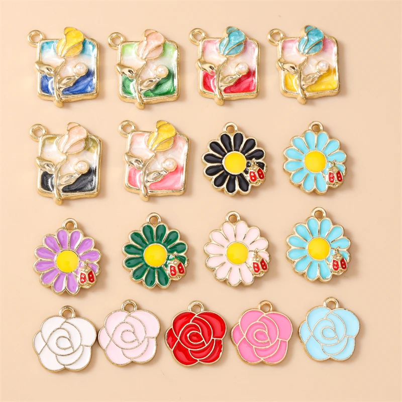 10 Stück niedliche, bunte Emaille-Blumenanhänger für Halsketten, Ohrringe, Armbänder, DIY-Handarbeiten, Schmuckherstellung – Detail 1