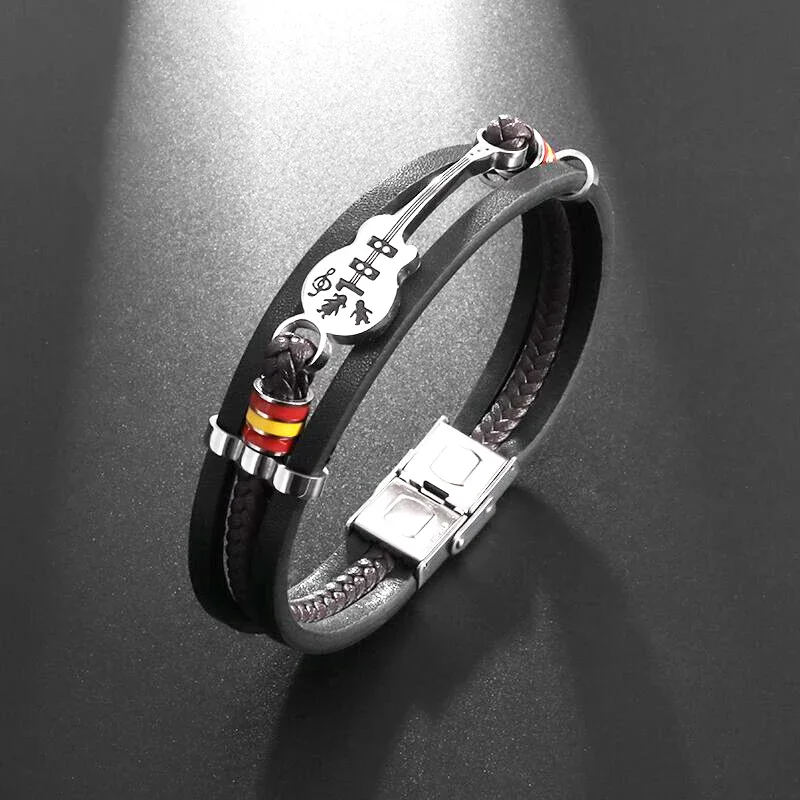 Classic Hand Woven Multi-Layered Leather Bracelet for Men Charm Guitar Bracelet Festive Christmas Gift for Dad