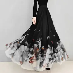 Women Dancing Skirt Elastic Waist Chiffon Elegant Printed Long Skirt Female Beach Holiday Skirt Big Swing Skirts