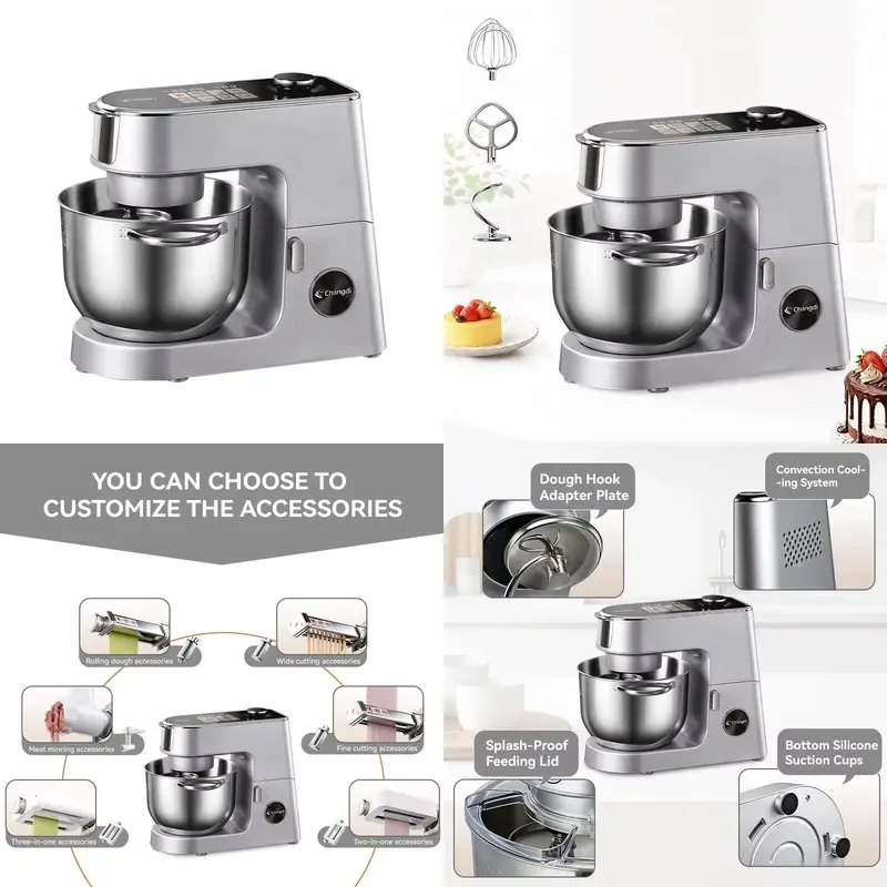 3 in 1 Stainless Steel Vertical Mixer 6.2L Electric Multifunctional Kitchen Food Mixer for Baking