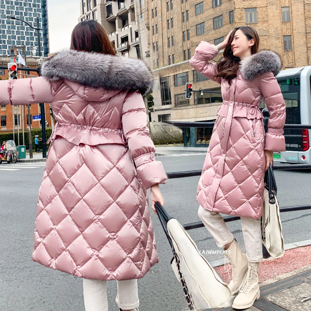 High 2023 Quality New Women Coats Real Fur Collars Adjustable Waist Winter Warm Long White Down Jackets Casual Outerwear