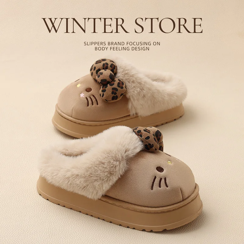 شباشب قطنية على شكل قطة للنساء بنعل سميك دافئ مبطن بالفرو للاستخدام الداخلي والخارجي في الخريف والشتاء