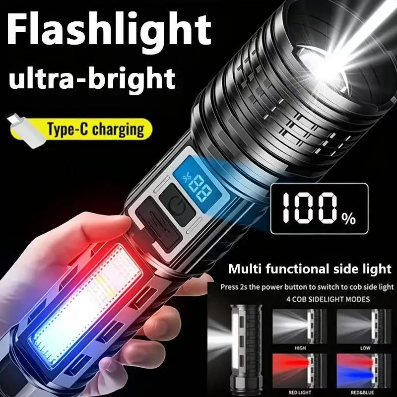 Powerful LED Flashlight Rechargeable Waterproof Torch with Side Light 7 Modes Zoomable Lamp for Camping Fishing Lantern