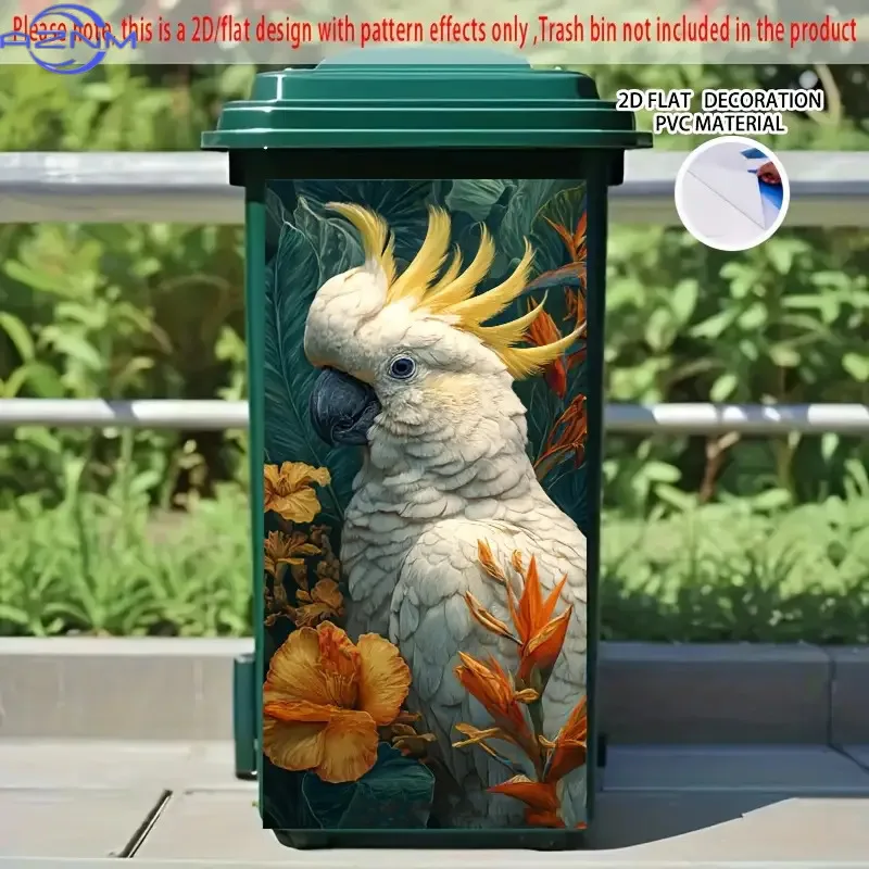 1 Large Self-Adhesive Trash Can Sticker- White Parrot with Yellow Crown Decoration, Orange Flower Leaf Pattern- Extra Long Dec