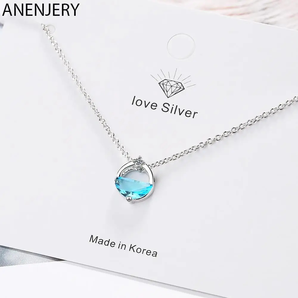 ANENJERY Silver Color Round Circle Blue Clear Zircon With Water Spring Shaped Pendant Necklace Jewelry For Women S-N383