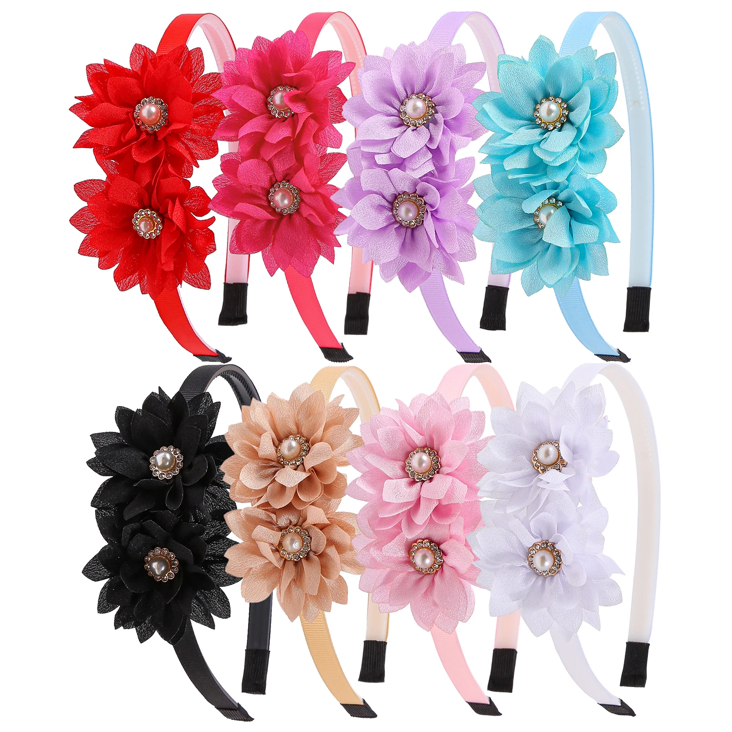 3PCS Crystal Flower Headbands for Girls Pearl Floral Bows Headband Plastic Teeth Hairbands Children Back School Hair Accessories