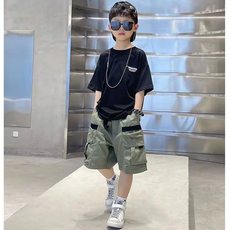 Boys Summer Set 2024 New Western Style Summer Children\'s Korean Loose Short Sleeved Workwear Two Piece Set Trendy