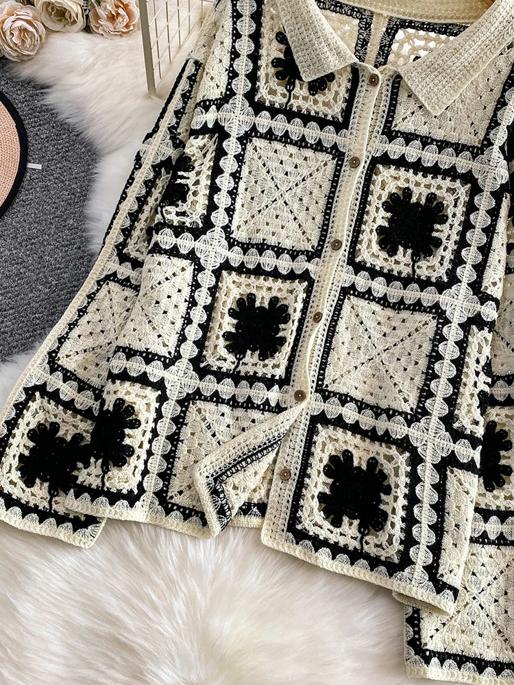 เสื้อคาร์ดิแกนผู้หญิงสไตล์โบฮีเมียนถักลายดอกไม้แบบโปร่ง คอปกพับได้ สีสันสดใส รุ่นใหม่สำหรับฤดูใบไม้ร่วง รุ่น CG020