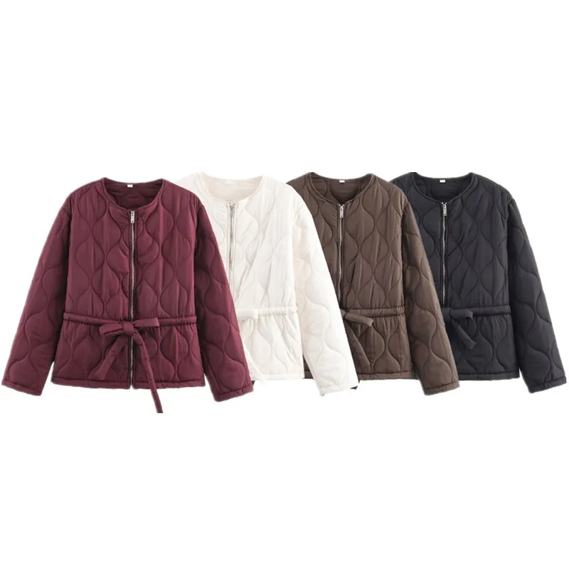 Jaet de nailon relleno cálido para mujer, abrigo de algodón que se pega a la cintura con cremallera, ropa de abrigo larga redonda Ne ort, otoño 2025