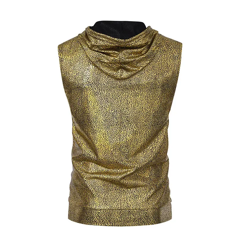 New Men Hot Stamping Hooded Short-sleeved Sports Tank Tops Gold Silver Blue Fashion Singer Stage Performance T-shirt