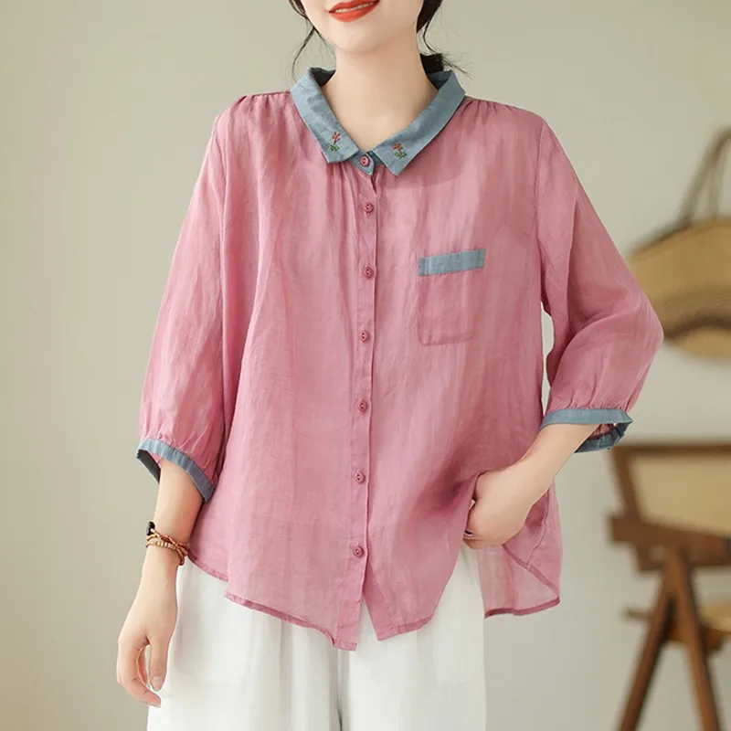 Women Summer Casual Shirt New Arrival 2024 Vintage Style Solid Color Basics Loose Thin Female Cotton Tops Shirts B3617