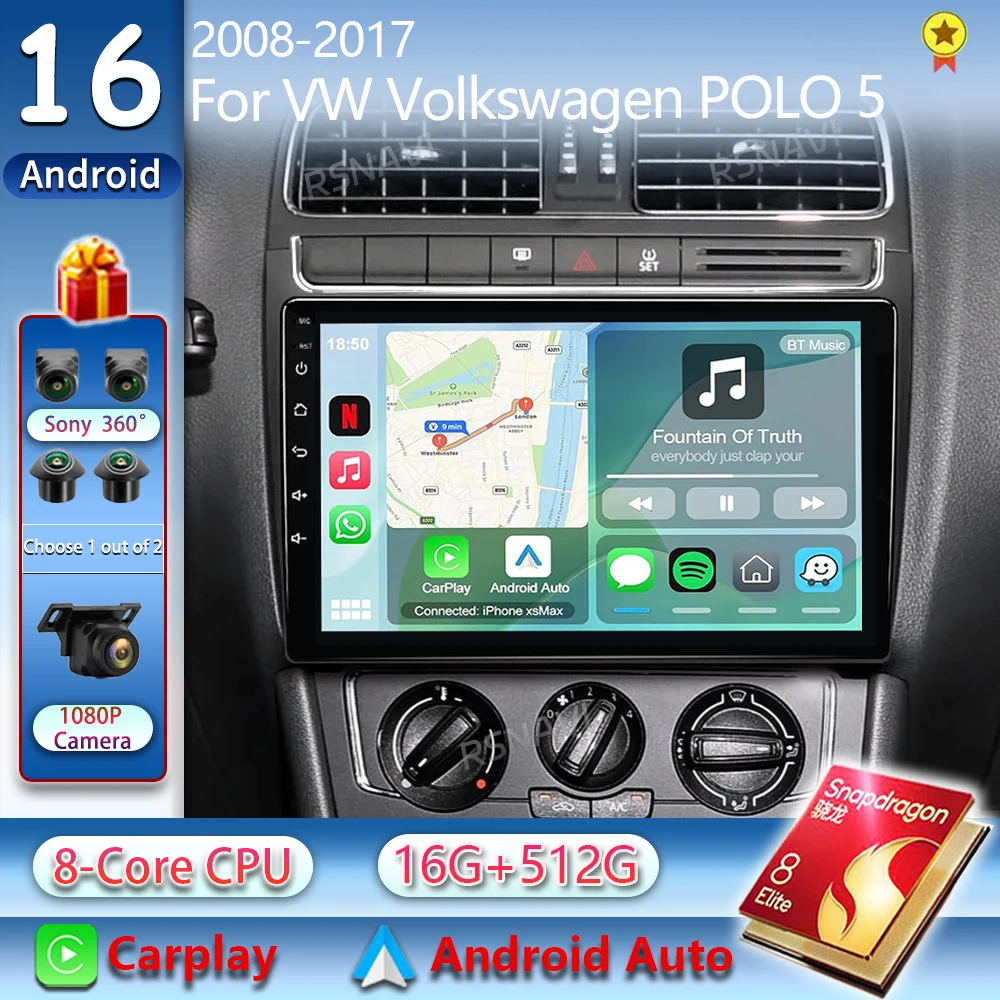 Android 16 For VW Volkswagen POLO 5 2008-2017 2K QLED Android Car Radio Multimedia Video Player GPS Stereo CarPlay 4G Head Unit