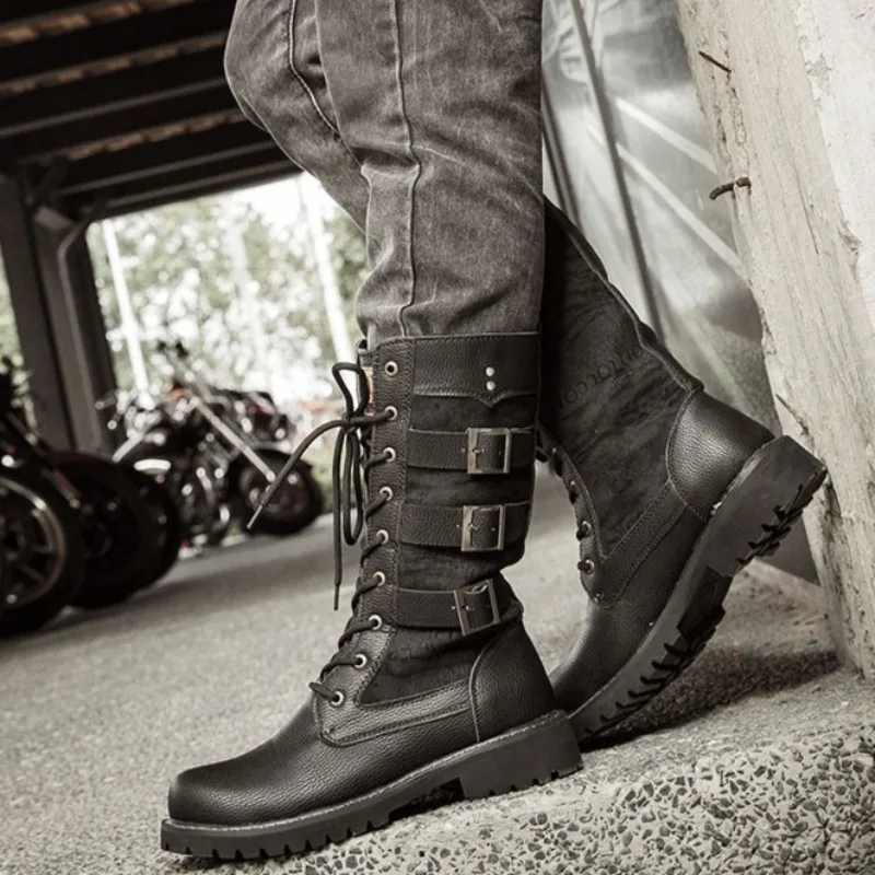 

Men's High Top Platform Boots, Trendy Motorcycle Boots, Men's Inner Height Increasing Non-slip Military Boots Botas Para Hombre