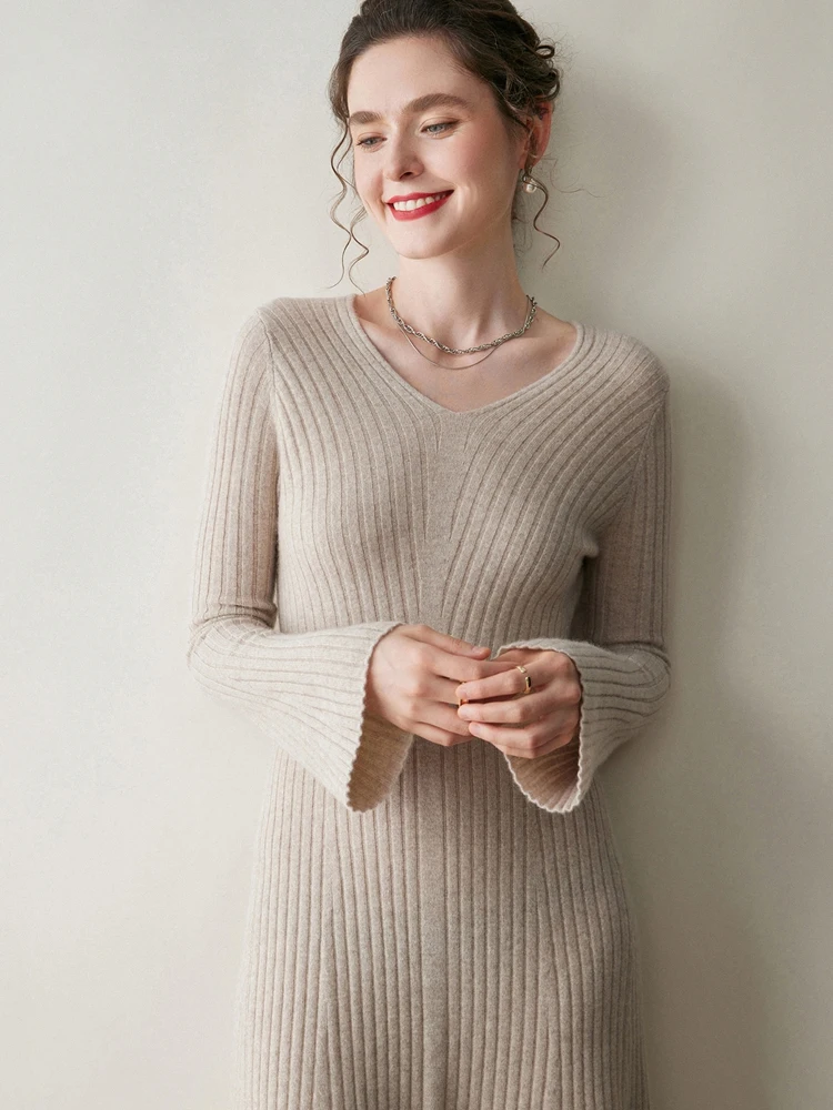 

Women's Cashmere Dress V-neck Striped Pullover Sweater Slim Flare Sleeve 100% Cashmere Knitwear Office Lady Skirt Autumn Winter