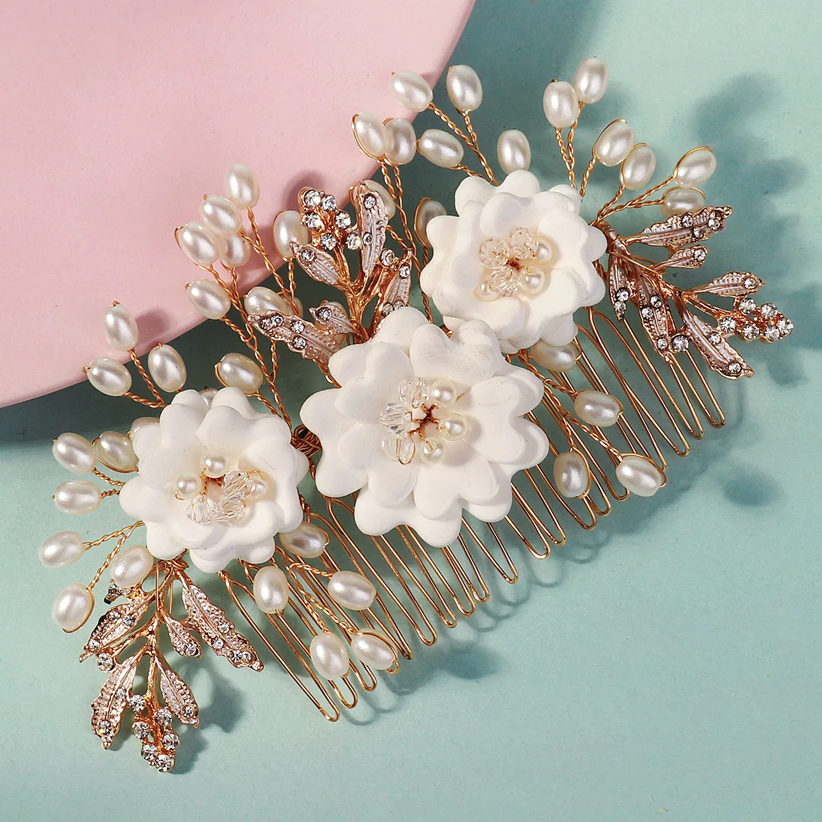 Elegante weiße Polymer Clay Blumen Damen Haarkämme Mode Kristall Perle Haarnadeln Braut Hochzeit Kopfschmuck Schmuck – Detail 25