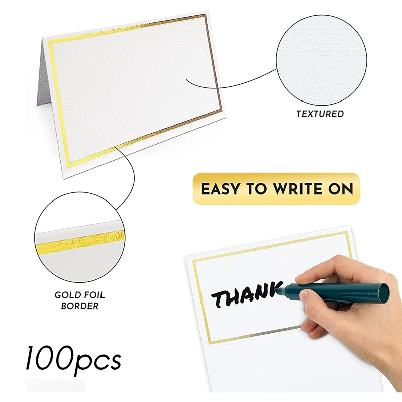 Визитки для свадьбы, упаковка из 100 карт премиум-класса для палатки, для стола с золотой фольгой, 2x4 дюйма, для любого мероприятия