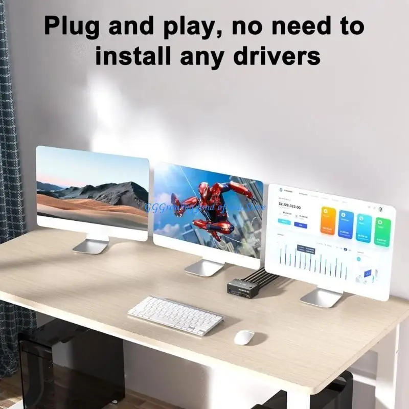

H9EB Triples Monitors KVM Switcher 2 DisplayPort 1.4+HDTV 2.1, USB3.0 Hubs Expansion For 2Computer 8K@60Hz High Resolution