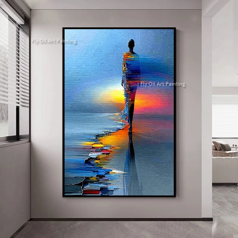 Beautiful Design Hand Drawn Navy Blue Night Seascape Wall Art Decor Items New Fashional Green Yellow Black Road Oil Painting For