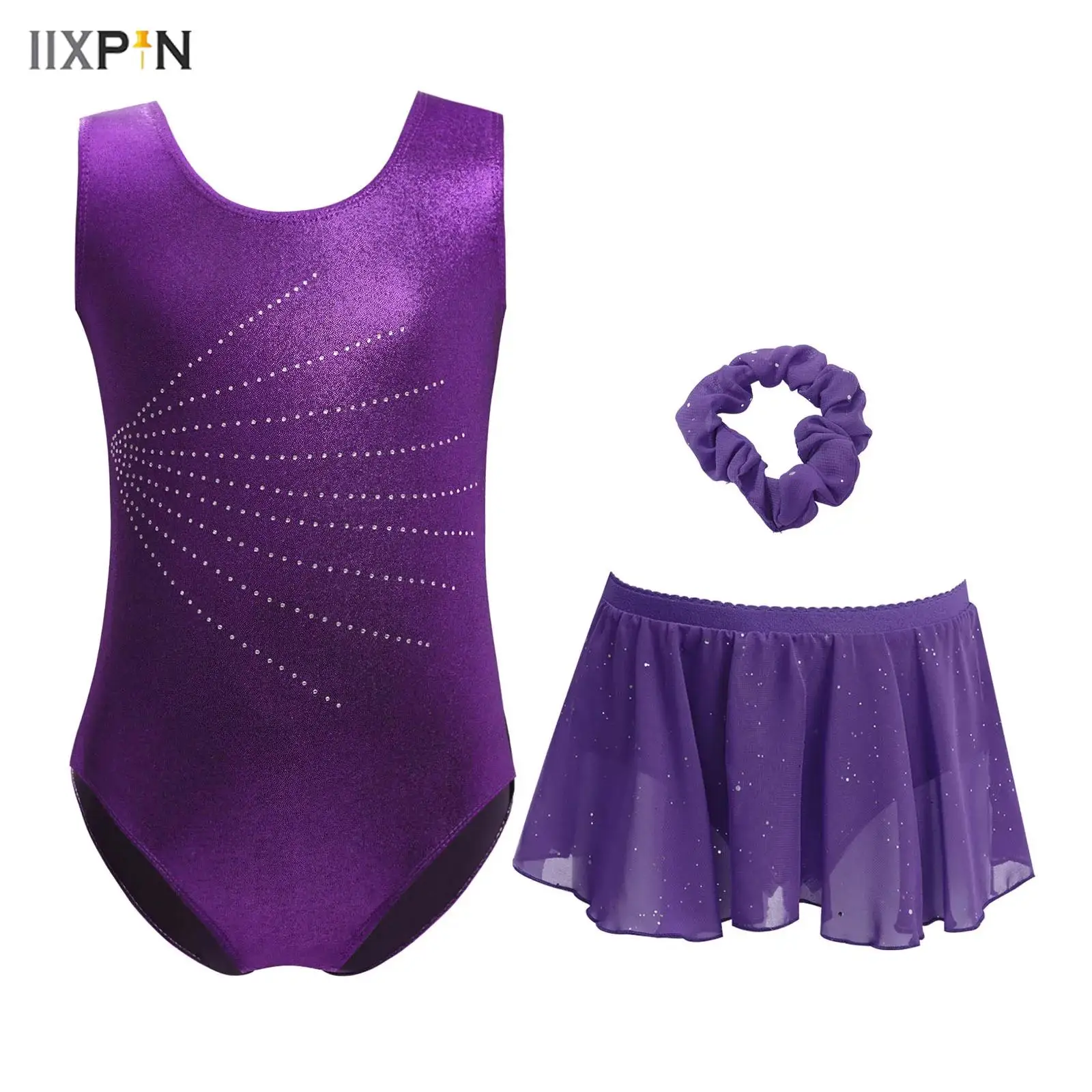

Kids Girls Sleeveless Ballet Dance Outfit Gymnastics Rhythmic Performance Leotard Costume Figure Skating Bodysuits + skirt Set