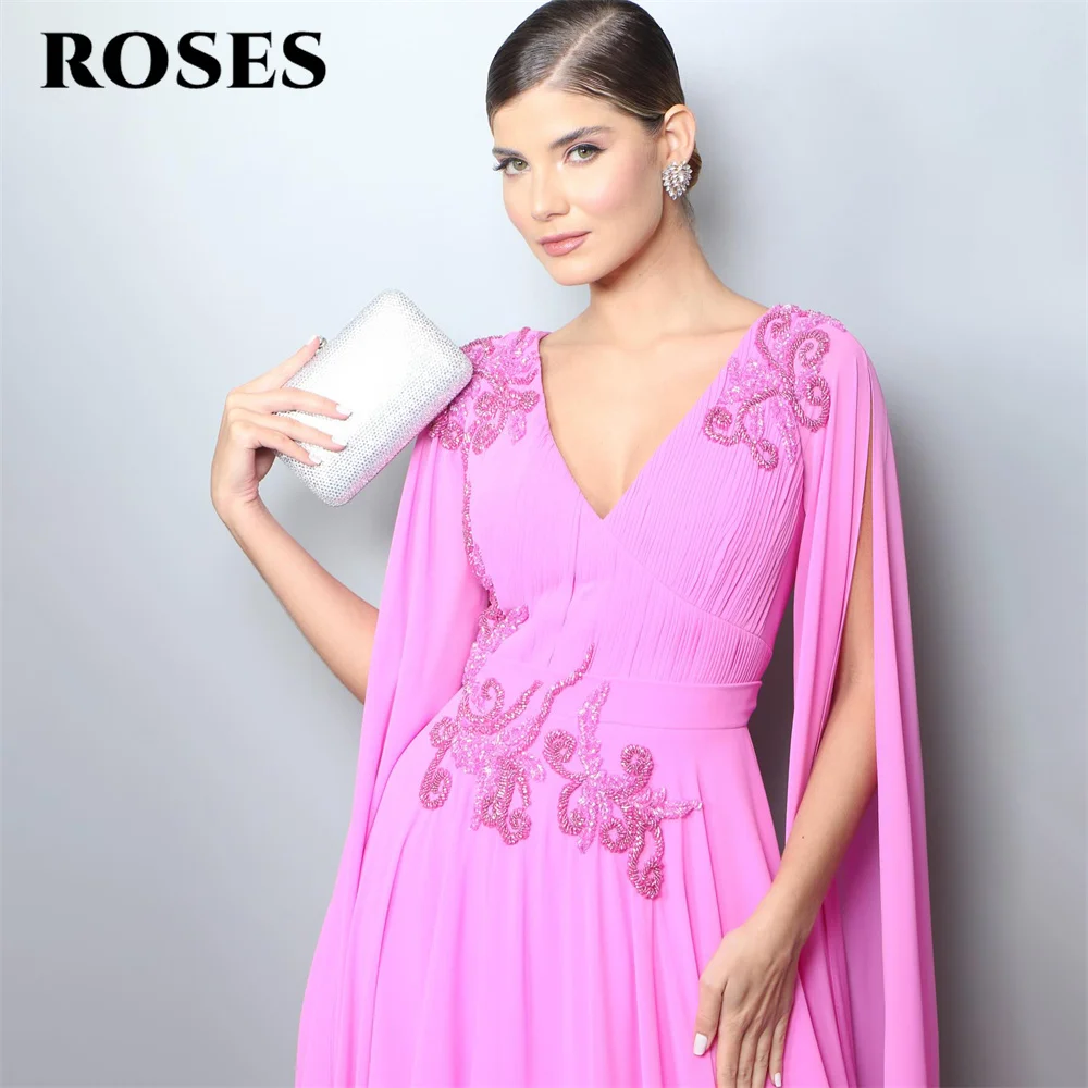 ROSES Appliques V Neck Evening Gown Zipper Back Elegant Prom Dress Chiffon Full Sleeves Wedding Evening Dress robes de soirée