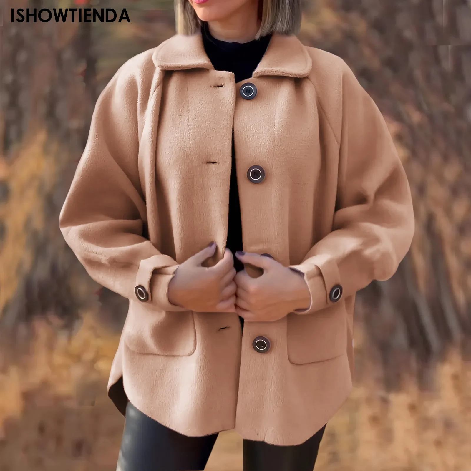 Women's Woolen Coats Loose Casual Retro Jacket Breasted Lapel Collar Short Jacket Office Lady Outerwear Autumn Winter 2024