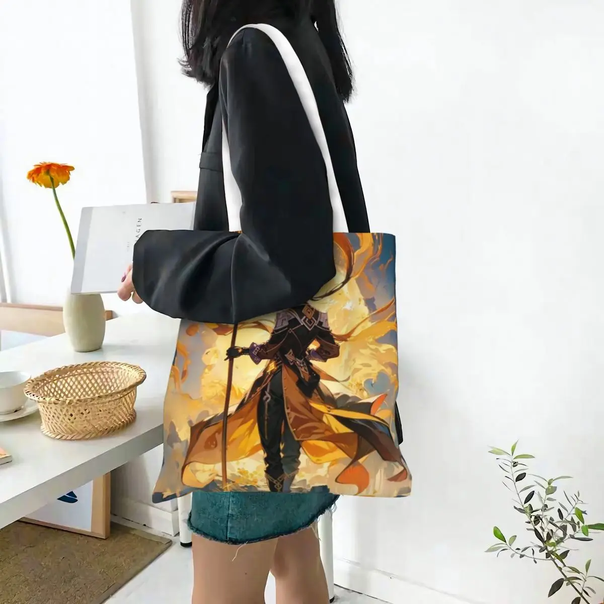 Zhongli Genshin Impact Anime Game Shopping Bags Ladies Canvas The Tote Bag Folding Ladies Shoulder Tote Travel Handbag